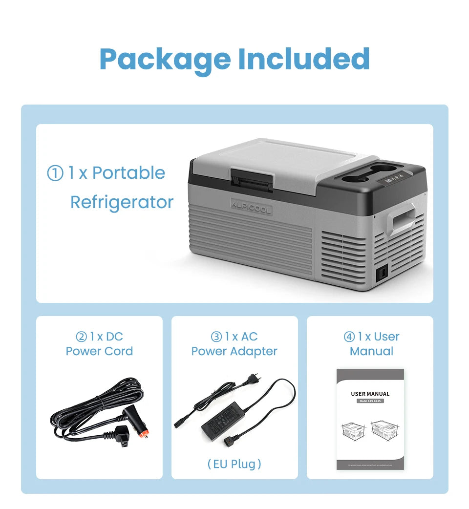 Alpicool CL15 15L Car Refrigerator 12V Compressor Fridge Mini Freezer 12/24V DC 100-240V AC Portable Cooler for Camping Travel