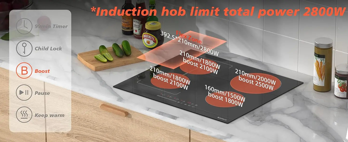 Karinear 4-Burner Induction Hob, 60cm Induction Hob Electric 3500W, Flex Zone, Plug-in Hob, 9 Power, Booster, Timer, 220V Plug