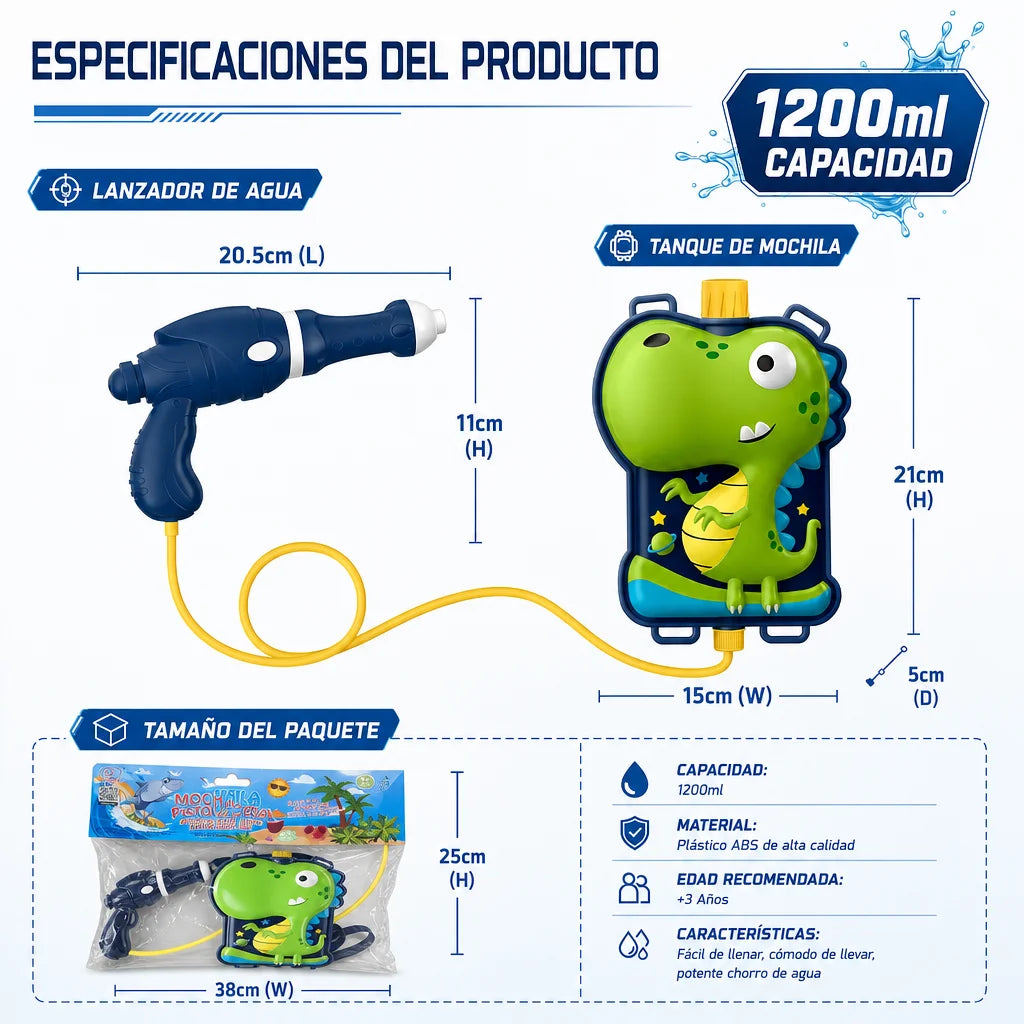 Water Gun with Dinosaur Backpack 1200ml - Outdoor Summer Toy for Children, Large Capacity and Long Range, Ideal for Pool, Beach and Garden - Shipping from Spain