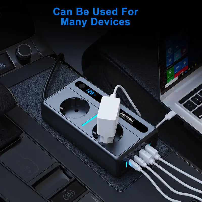 300W Car Inverter 12V to 220V European Standard Multi-Functional Digital Display With 2 AC Sockets, 2 USB Ports, 2 Type-C PD Ports