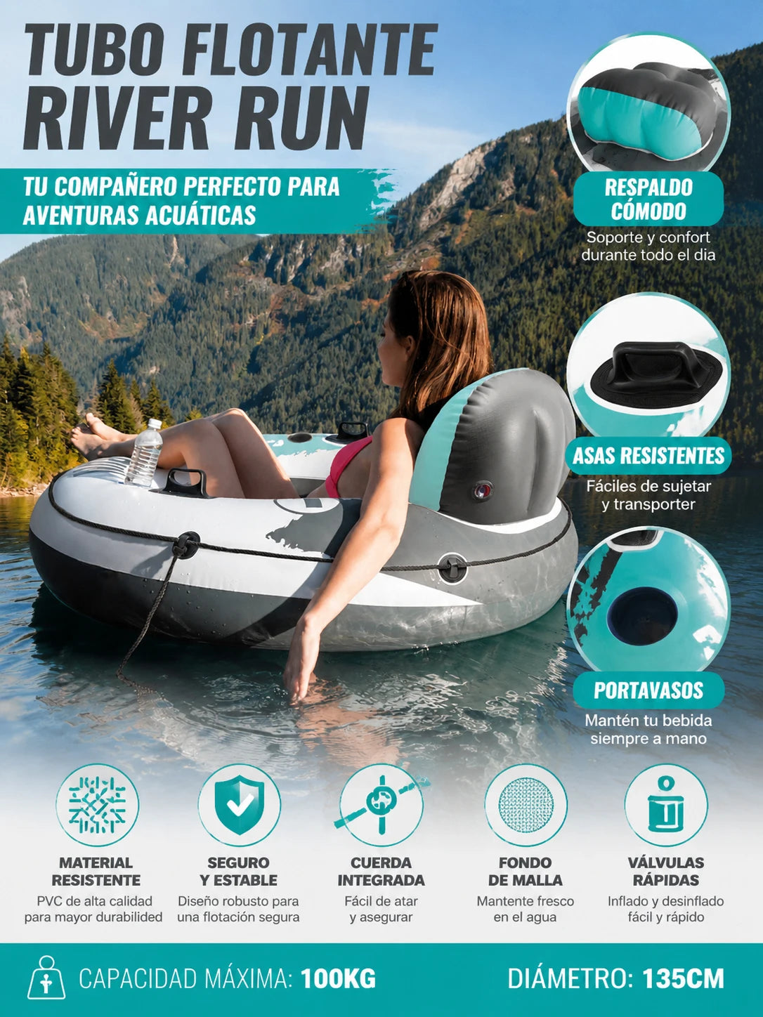 River Run Inflatable Floating Tube 135cm, Reinforced Anti-Puncture Pvc, Mesh Seat, Ergonomic Backrest, Two Cup Holders, Handles and Tie-Down Rope, 100kg Capacity, Safe and Comfortable for Rivers, Lakes, Swimming Pools and Sum