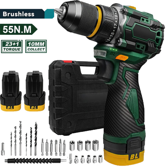 55N.M 10MM 23+1 Torque Brushless/Brushed (Yellow Kit) Electric Impact Drill Metal Ratchet Chuck Cordless Drill Electric Screwdriver DIY Power Tools