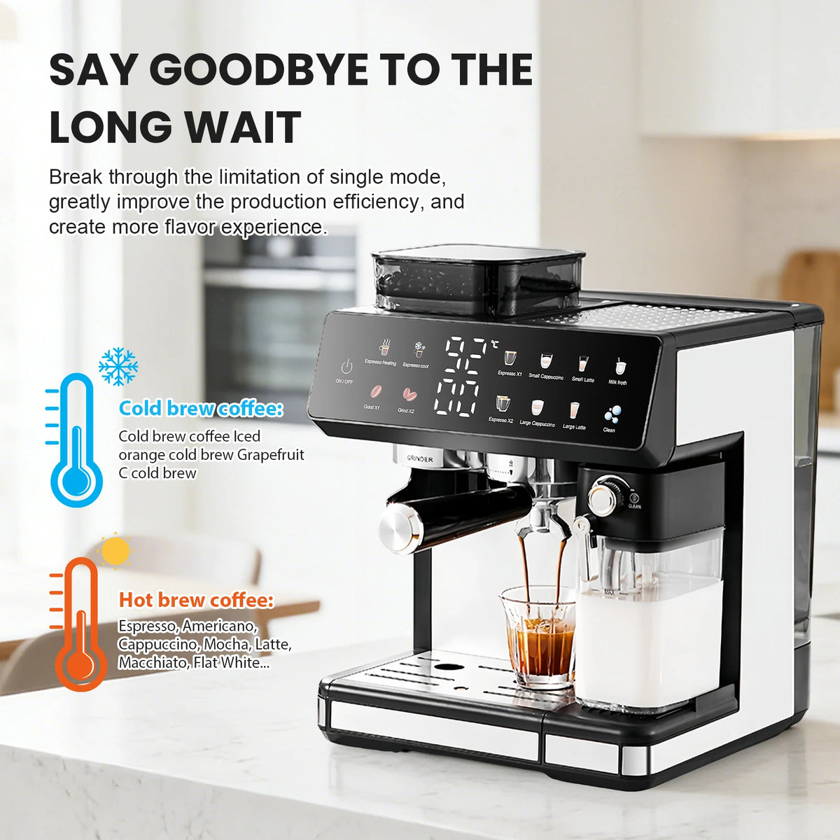 1350W coffee fully automatic, with dual boiler and milk frother, 2.7L water tank, touch screen, Bean and powder coffee