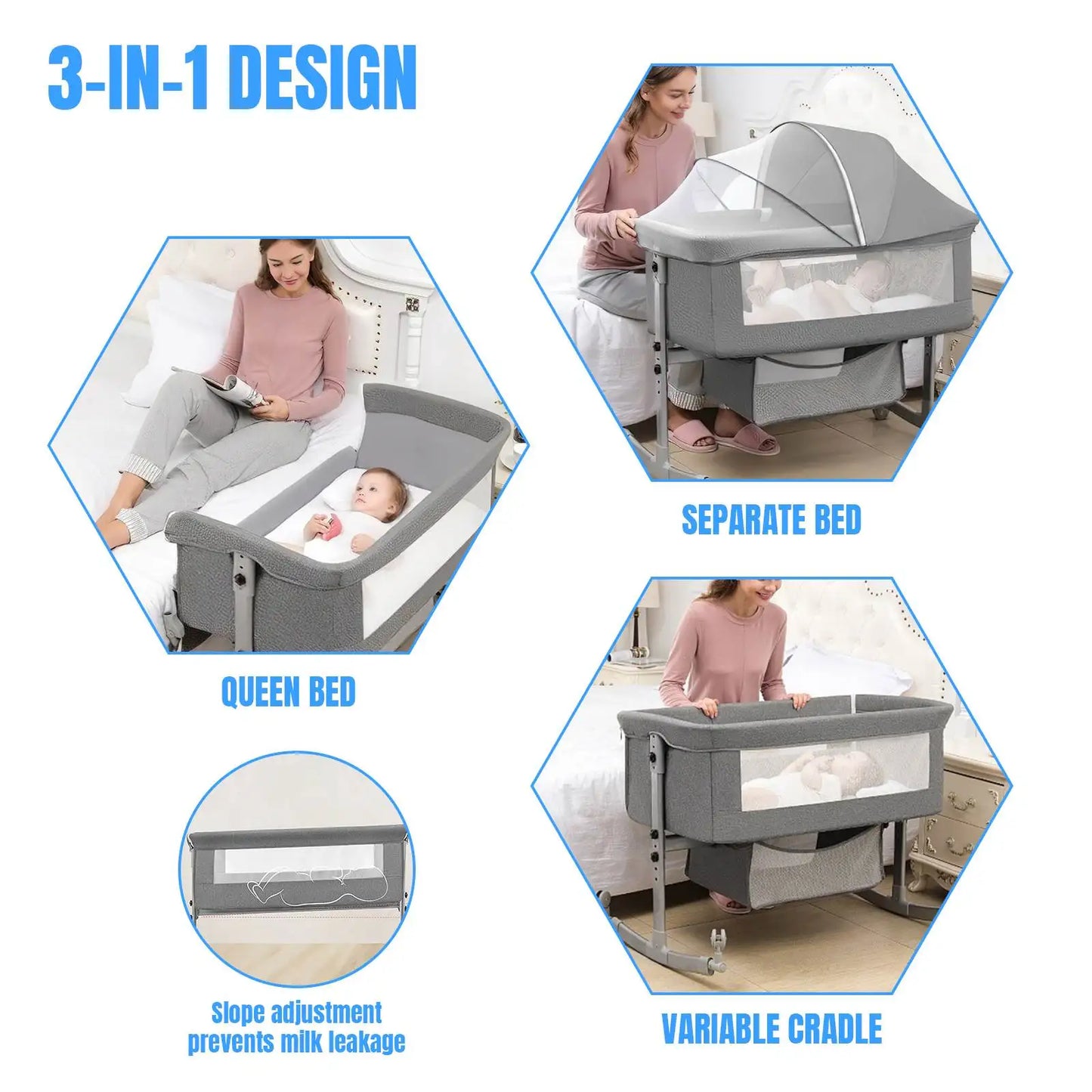 Baby Crib 3 in 1 Baby Bed Bedside Crib Baby Playpen 0-3 years child multi-function folding and lifting With Mosquito Net & Wheel