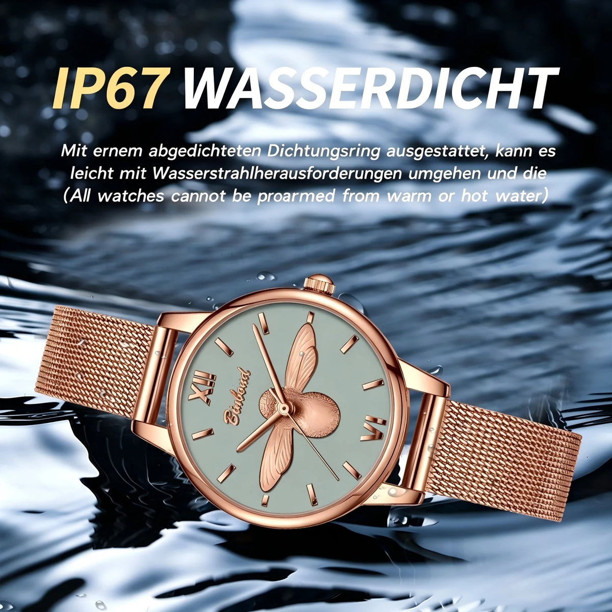 Women’s Quartz Watch, Elegant Ladies’ Wristwatch with Stainless Steel Mesh Band, 3ATM Water Resistant, 30mm Gray Dial, Rose-Gold Fashion Design with 3D Bee, Comes in a Gift Box—Perfect for Women at the Office or for Eve