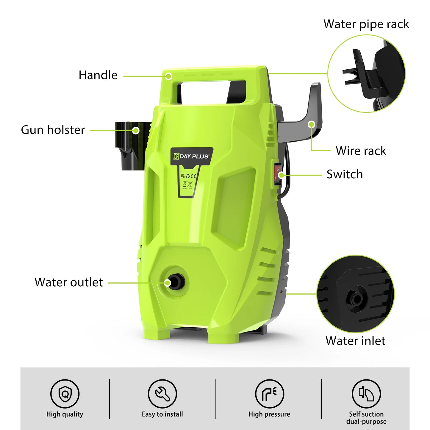 Pressure Washers, 3000W 200Bar High-Pressure 500L/H Flow Rate Electric Pressure Washers with 3 In 1 Adjustable Nozzle & 7m Pants, Jet Washers for Cleaning Cars, Driveways, Patios, fences, Green