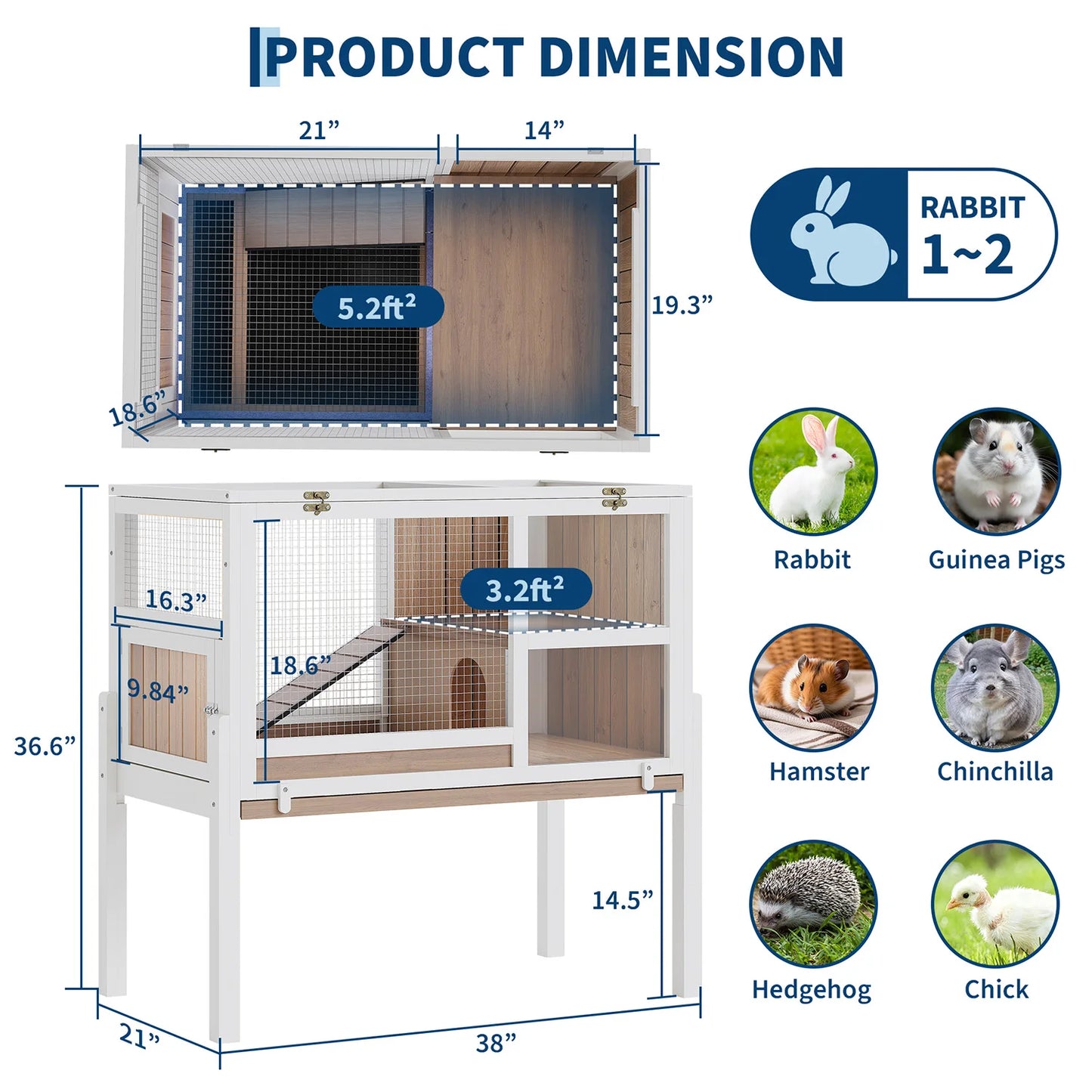 HiMISS Guinea Pig Cages Indoor, Wooden Guinea Pig Cages with Stand Rabbit Cage Hutch with Ramp and Hideout, Small Animals Cage Habitat with Not Leakage Pull Out Tray