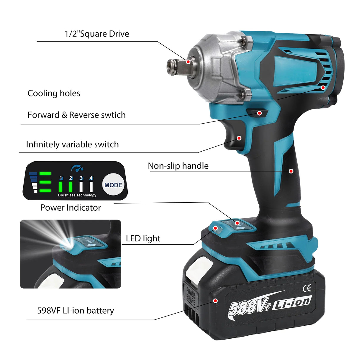 520N. m/1200N.M Cordless Electric Impact French Brushless Hand Electric Driver Electric Tool for Makita 18V Battery