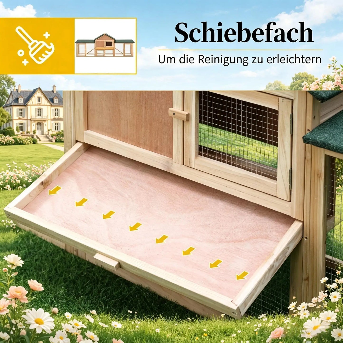 Large Outdoor Wooden Rabbit Hutch with Double Side Run Enclosures, Waterproof Asphalt Roof, Lockable Access Doors, Spacious Resting House and Activity Play Space, Weatherproof Pet Cage for Rabbits, Guinea Pigs and Small Outdo