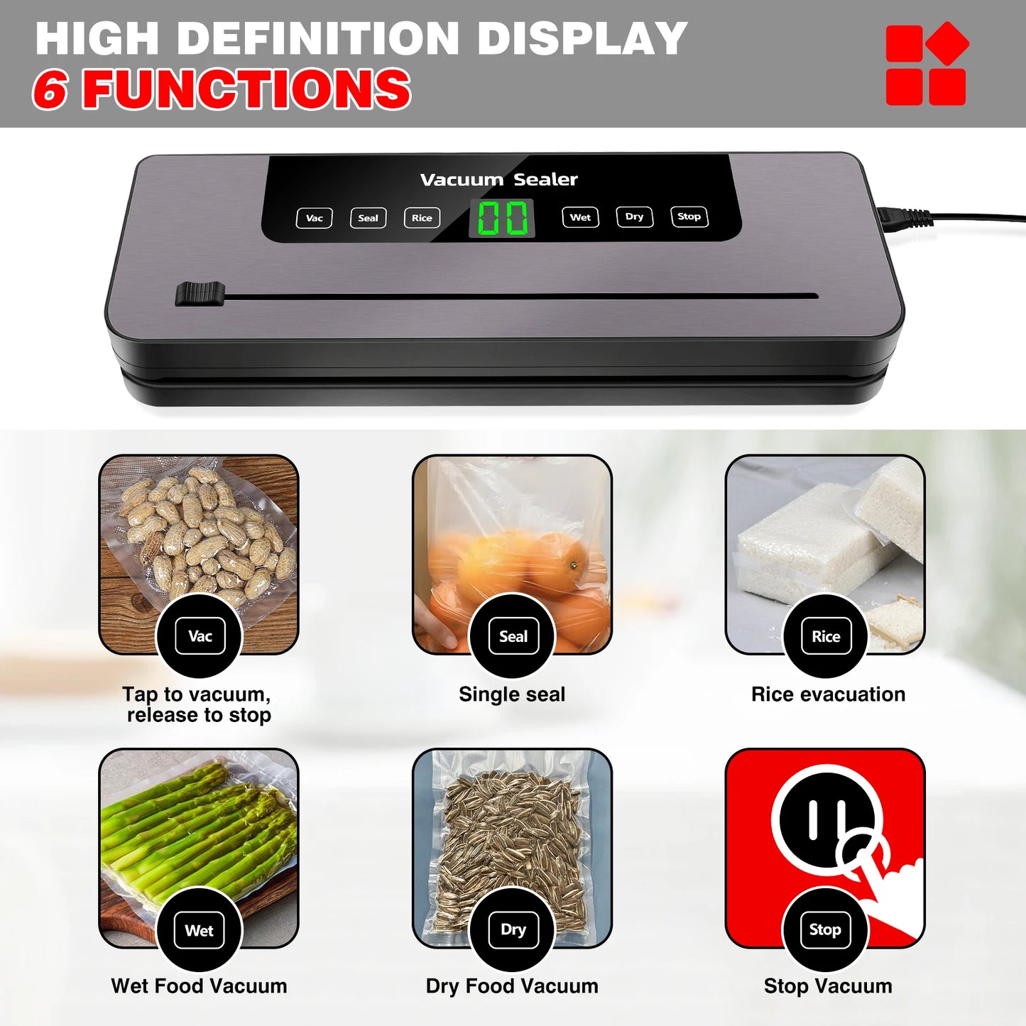 6 in 1 Vacuum Sealer Machine, 6 Modes Multi-Functional Food Vacuum Sealer with 10PCs Vacuum Bags, 30cm Longer Seal Food Sealer Built-In Cutter, Keep Meat Vegetables Snacks Fruits Grains Fresh