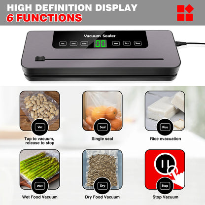 6 in 1 Vacuum Sealer Machine, 6 Modes Multi-Functional Food Vacuum Sealer with 10PCs Vacuum Bags, 30cm Longer Seal Food Sealer Built-In Cutter, Keep Meat Vegetables Snacks Fruits Grains Fresh