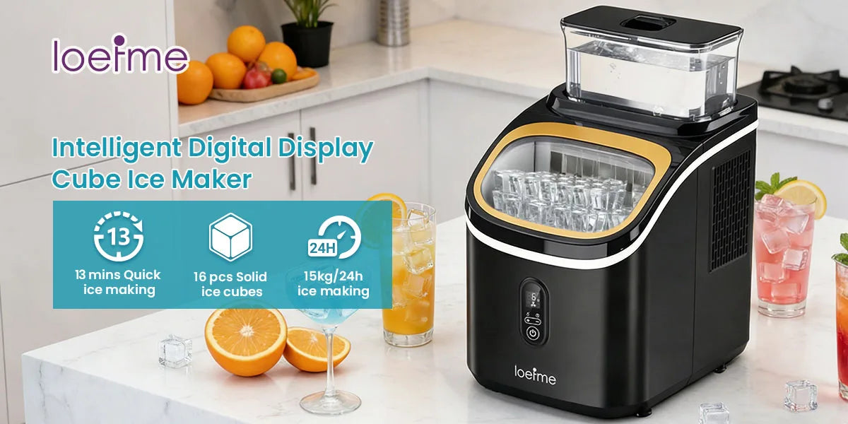 LOEFME Portable Ice Maker Machine 15kg/24h 6-13 Mins Quick Ice 16pcs Ice Cubes Countertop Ice Machine for Home Kitchen Party RV