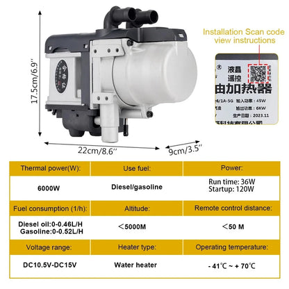 12V 6KW Diesel Heater One/Two-Way Remote Control LCD Switch Parking Heater Brushless Water Pump Diesel Heating for Car Van Trucks Engine Preheating