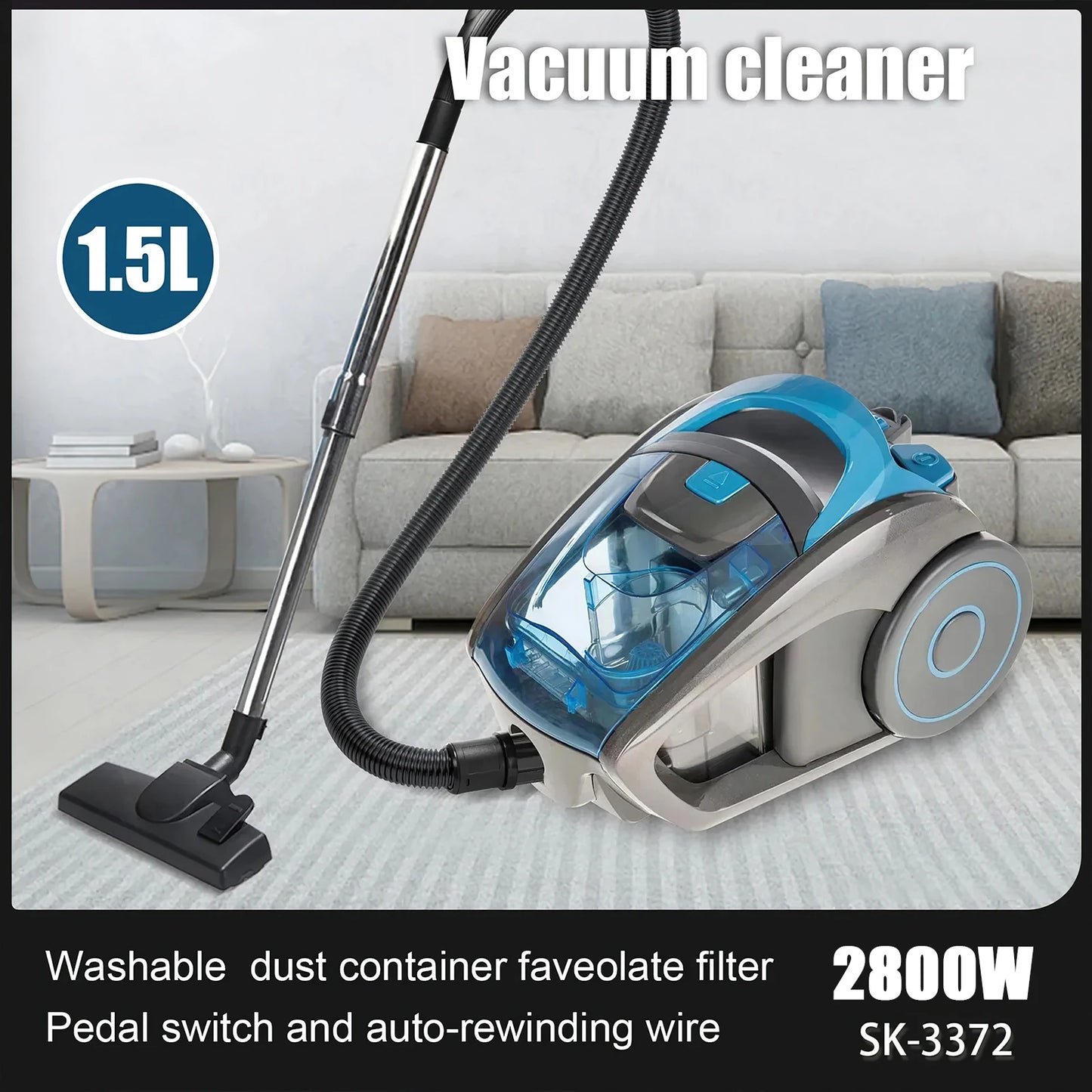 2800W Household Cylindrical Vacuum Cleaner, Multi-Cyclonic Filtration, Corded Vacuum for Hard Floors, Carpets, Pet Hair 15000PA