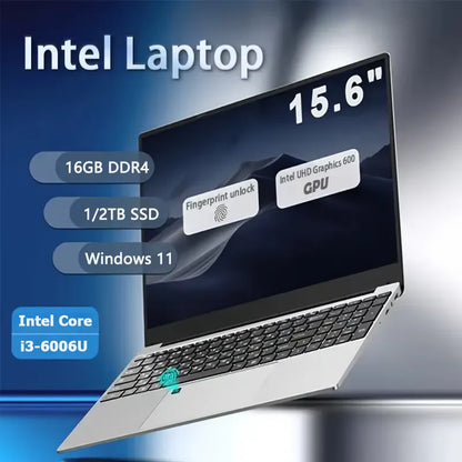 FUCHU 2026 Portable 15.6 Inch Fingerprint Unlock Backlit Keyboard Laptop Computers 16GB DDR3 RAM 512GB 1TB 2TB SSD Intel i3-6006U Notebook Windows 11 Pro Office Study Game PC Laptop