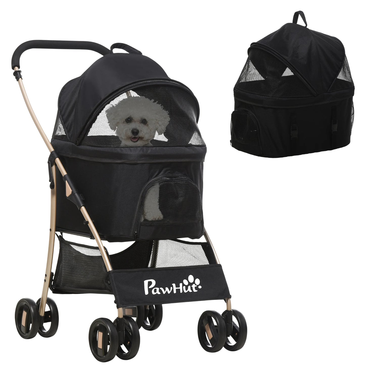 2 in 1 Pet Stroller Detachable Dog Carrier Cart Dog Buggy Small Pet Pushchair, 2-in-1 Hundewagen und Transportkorb klappbar mit abnehmbarem Haustiertasche, Detachable Travel Carrier Bag Full Breathable Mesh Windows Large Bott