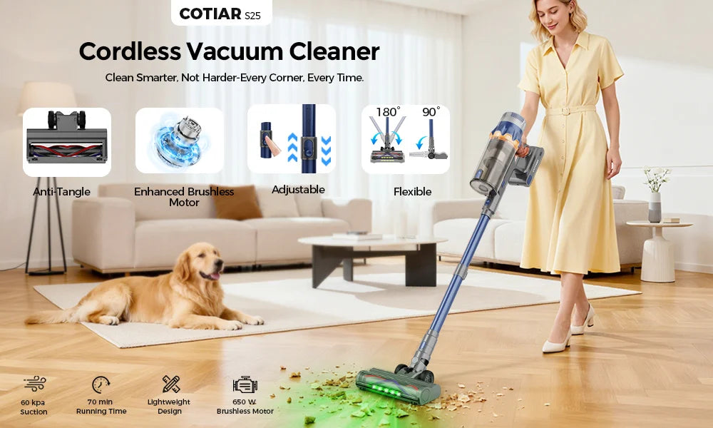 COTIAR S25 Cordless Vacuum Cleaner 650W 60kPa Strong Suction 70 Mins Runtime Handheld Home Appliance Portable Removable Battery