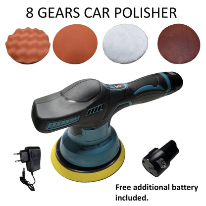 This 12V cordless electric polisher/Sander features 8 adjustable speeds and comes with a spare battery. It includes a sponge pad, dusting pad, and sandpaper. Suitable for car repair and detailing, polishing wood furniture sur