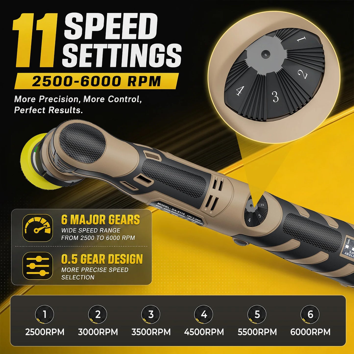 Cordless Mini Car Polisher 12V Detailing Wireless Car Polishing Machine 1/1.5/2 Inch Pades Kit For Auto waxis, Adjustable Speed With 11 Speed Settings and a range of 2500 - 6000 RPM for car and furniture polishing and scratch