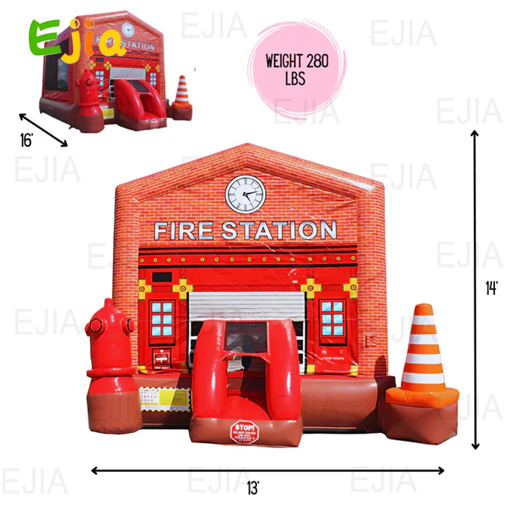 16ft Large PVC Inflatable Fire Station House Combo Wet/Dry Jumping Firehouse Bouncy Castle For Kids Outdoor Party Event