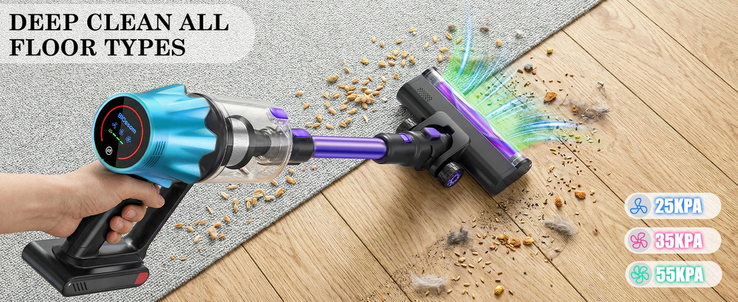 Blossom V20 Cordless Vacuum Cleaner, 650W Brushless Motor, 55KPa Powerful Suction, 65Min Runtime, Green LED Light, for Pet Hair Hardwood Carpet