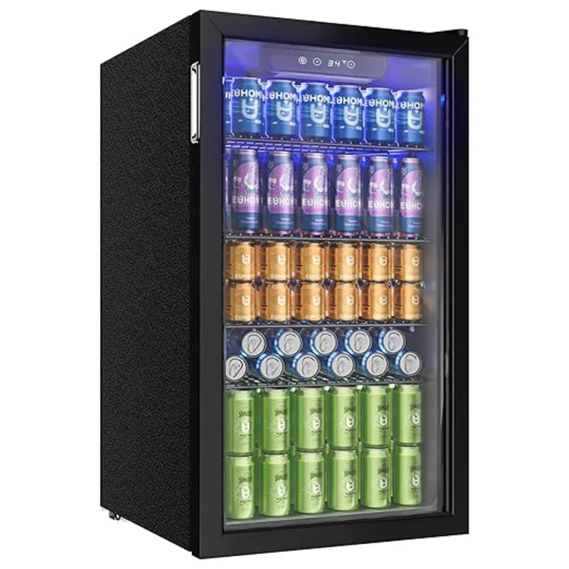 Drinks refrigerator with Glass Door for 126 Cans Adjustable Shelves Beer/Wine Home/Bar/office Black stainless steel