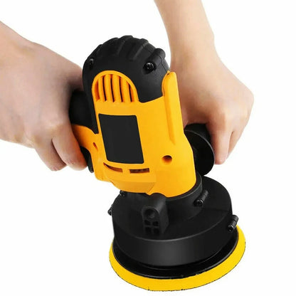 Concentric electric polishing machine in a 31-piece kit with grinding accessories and polishing pads for vehicle refurbishment