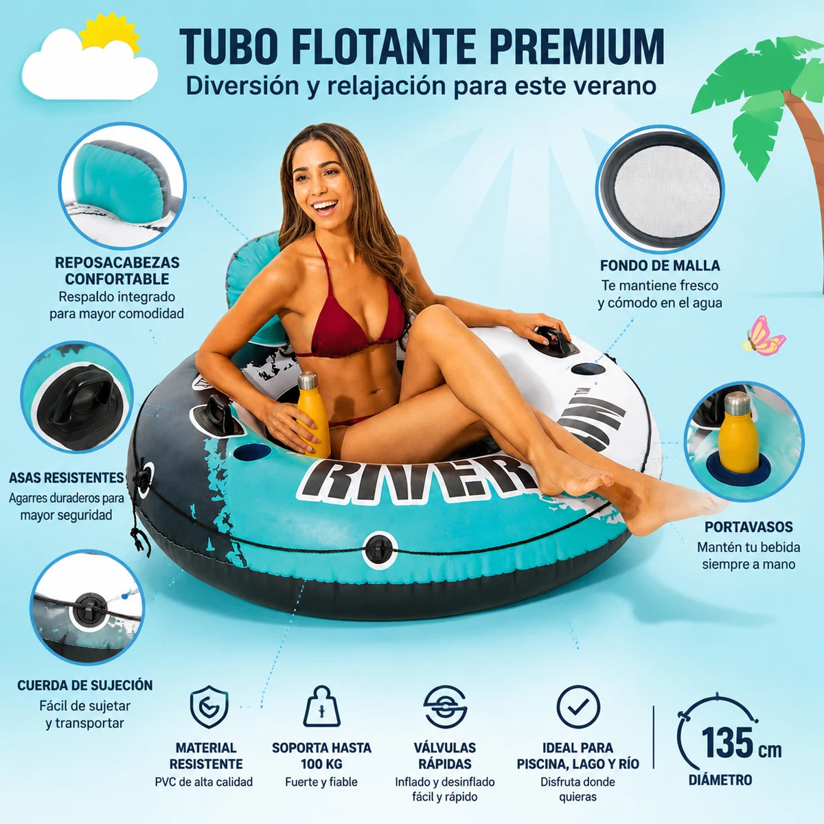 River Run Inflatable Floating Tube 135cm, Reinforced Anti-Puncture Pvc, Mesh Seat, Ergonomic Backrest, Two Cup Holders, Handles and Tie-Down Rope, 100kg Capacity, Safe and Comfortable for Rivers, Lakes, Swimming Pools and Sum