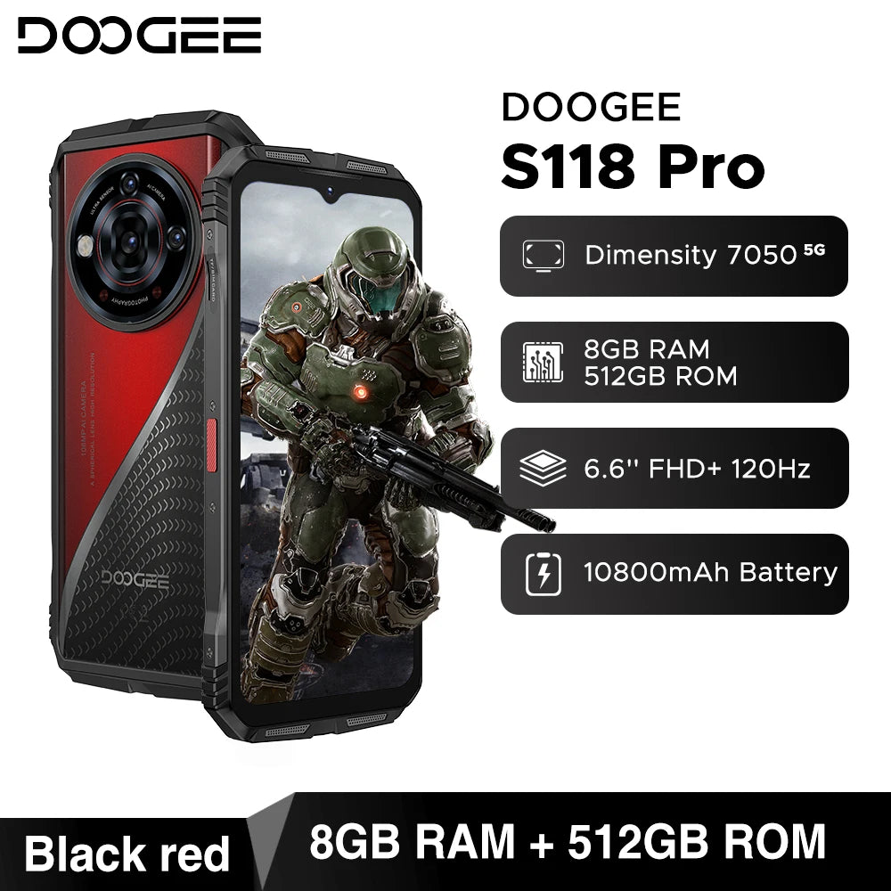 Global Version DOOGEE S118 Pro 5G Rugged Phone Dimensity 7050 10800mAh Battery 6.6'' FHD 120Hz 8GB RAM 512GB ROM Cell Phone NFC