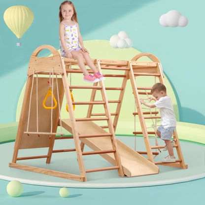 7 multifunctional 1 climbing Structure, made of solid drink, plywood and beech. Includes a swing, ladder, slide, climbing net, sockets and rings. Can also serve as shelter under tent.
