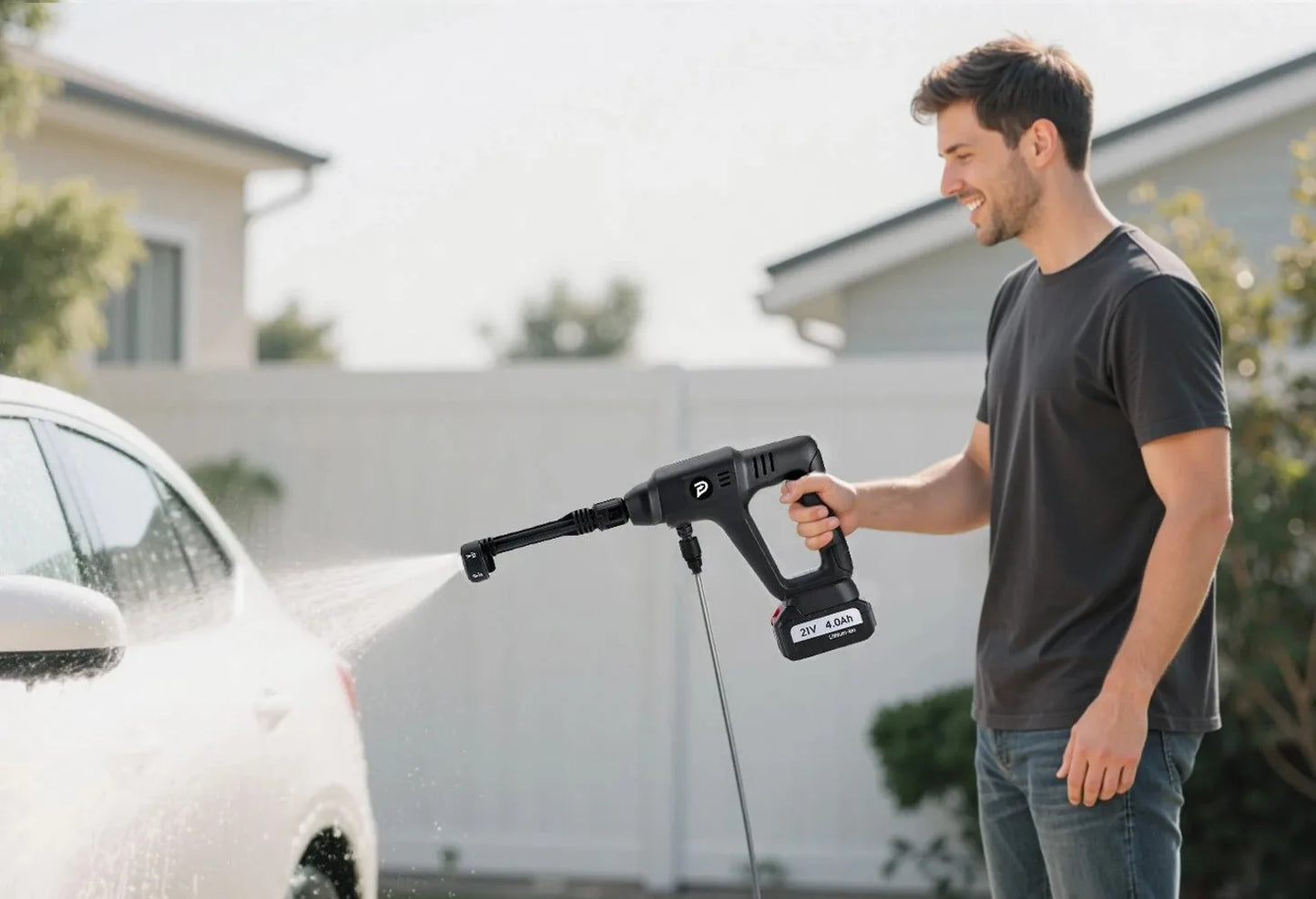 POPDEER PD-W01 Cordless High Pressure Car Washer, 200Bar 6-in-1 Nozzle, 4.0Ah Battery, 5m Hose for Car Cleaning