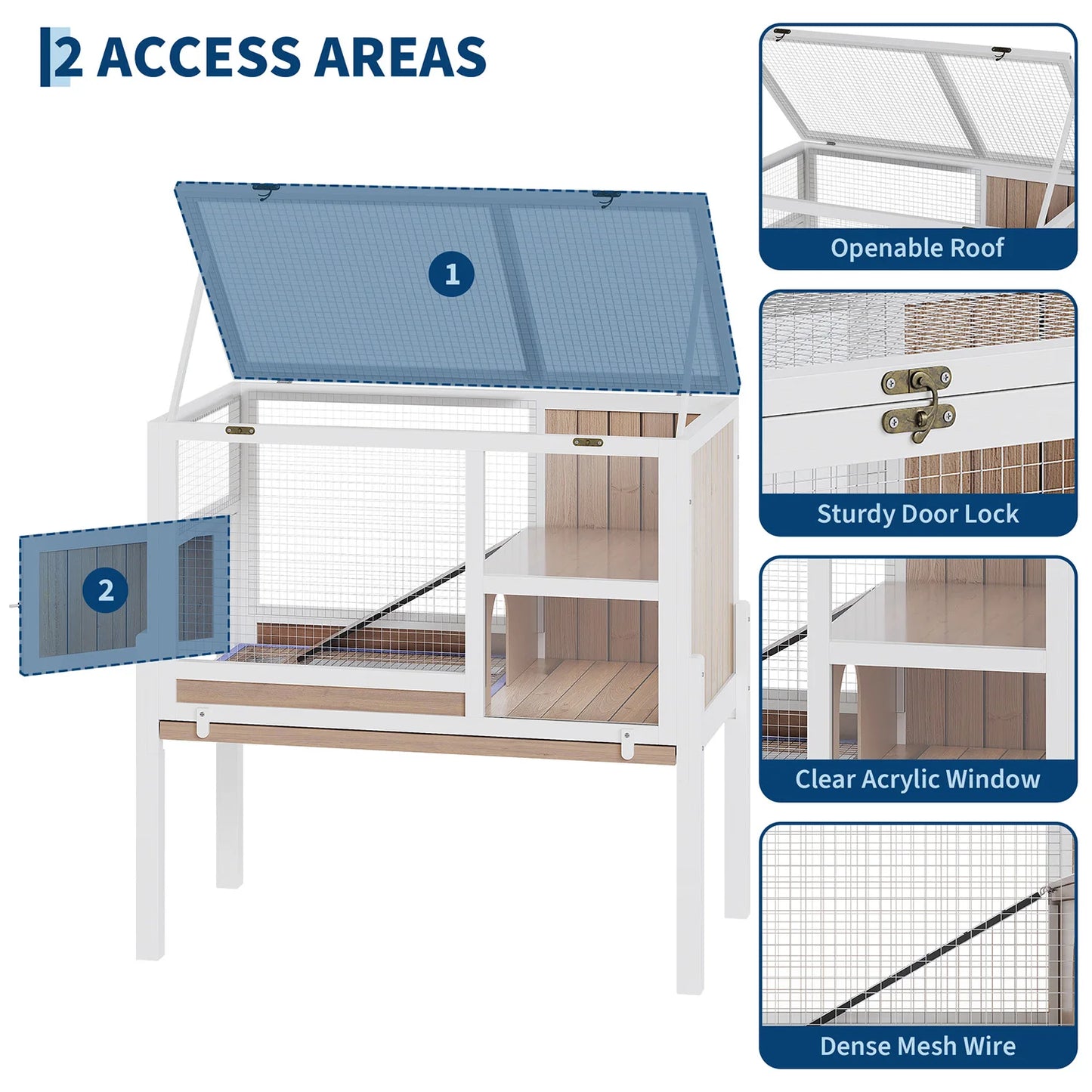 HiMISS Guinea Pig Cages Indoor, Wooden Guinea Pig Cages with Stand Rabbit Cage Hutch with Ramp and Hideout, Small Animals Cage Habitat with Not Leakage Pull Out Tray