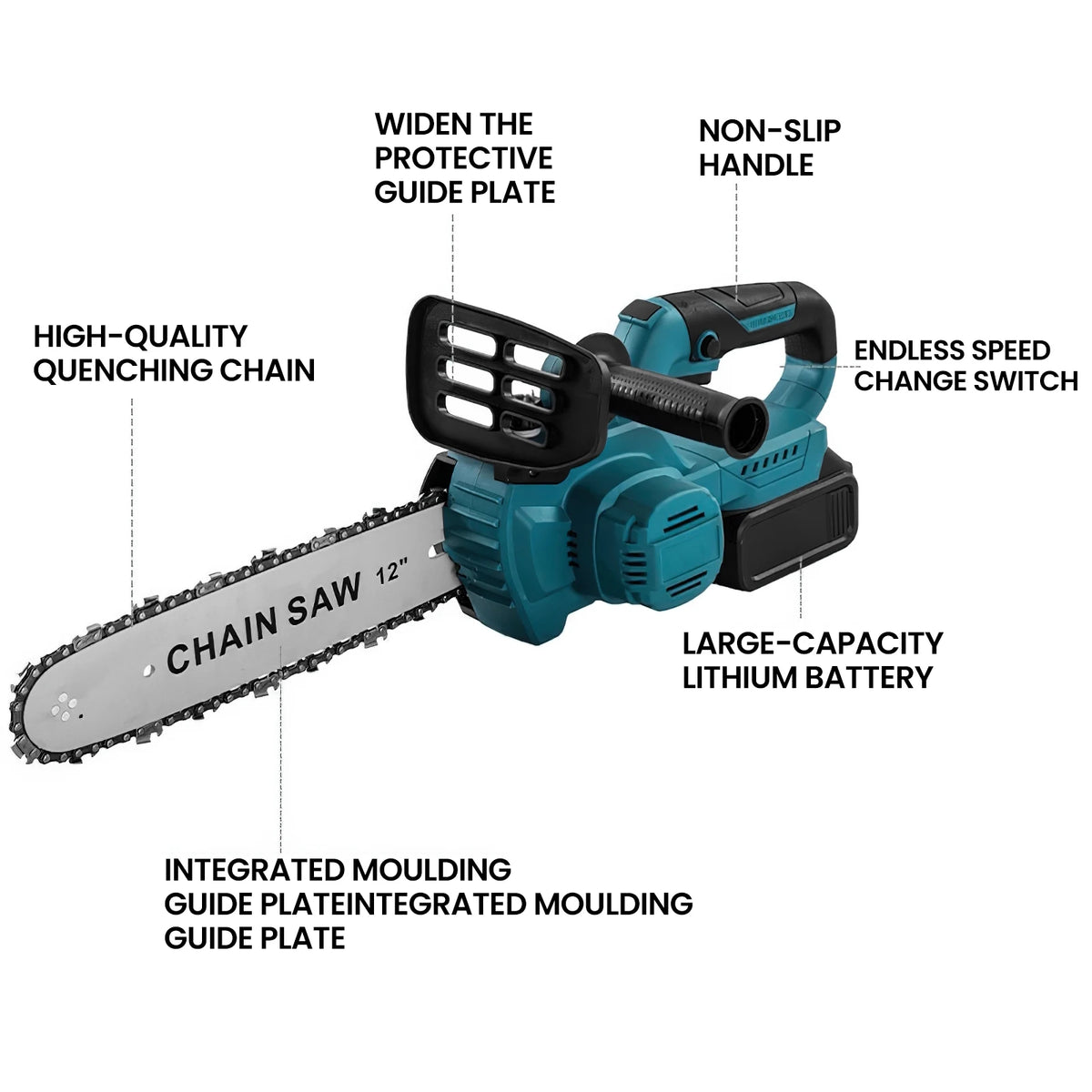 1500W 12Inch Cordless Chainsaw Brushless Lithium Battery Powered Household Woodworking Electric Efficient Handheld Cutting Power Tool with Makita 21V Battery