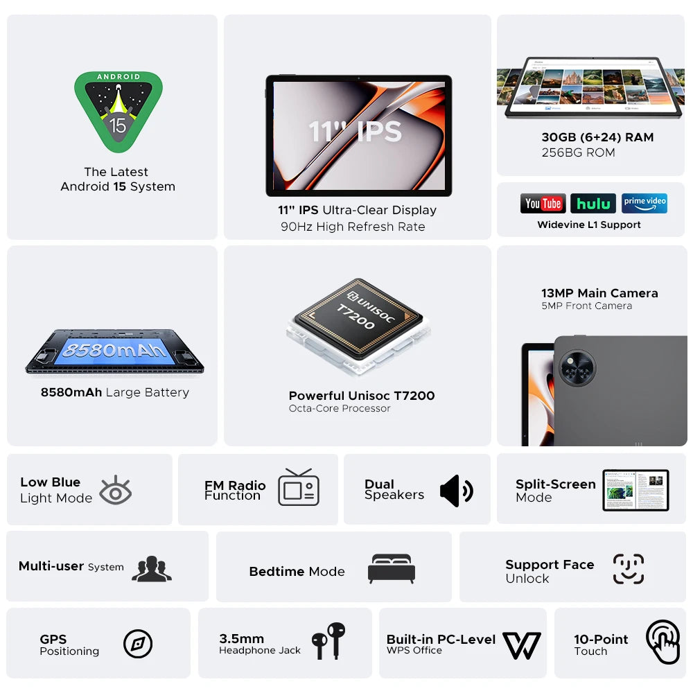 Global Version DOOGEE U11 Pro Android 16 Tablet 30GB(6+24) 256GB 11" HD 90Hz Display 8580mAh Battery Unisoc T7200 Widevine L1