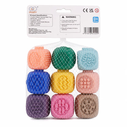 Silicone Sensory Blocks for Baby 9 Pcs - Montessori Bath Toy, Soft BPA-Free Teether, Number and Shape Learning, Early Educational Toy