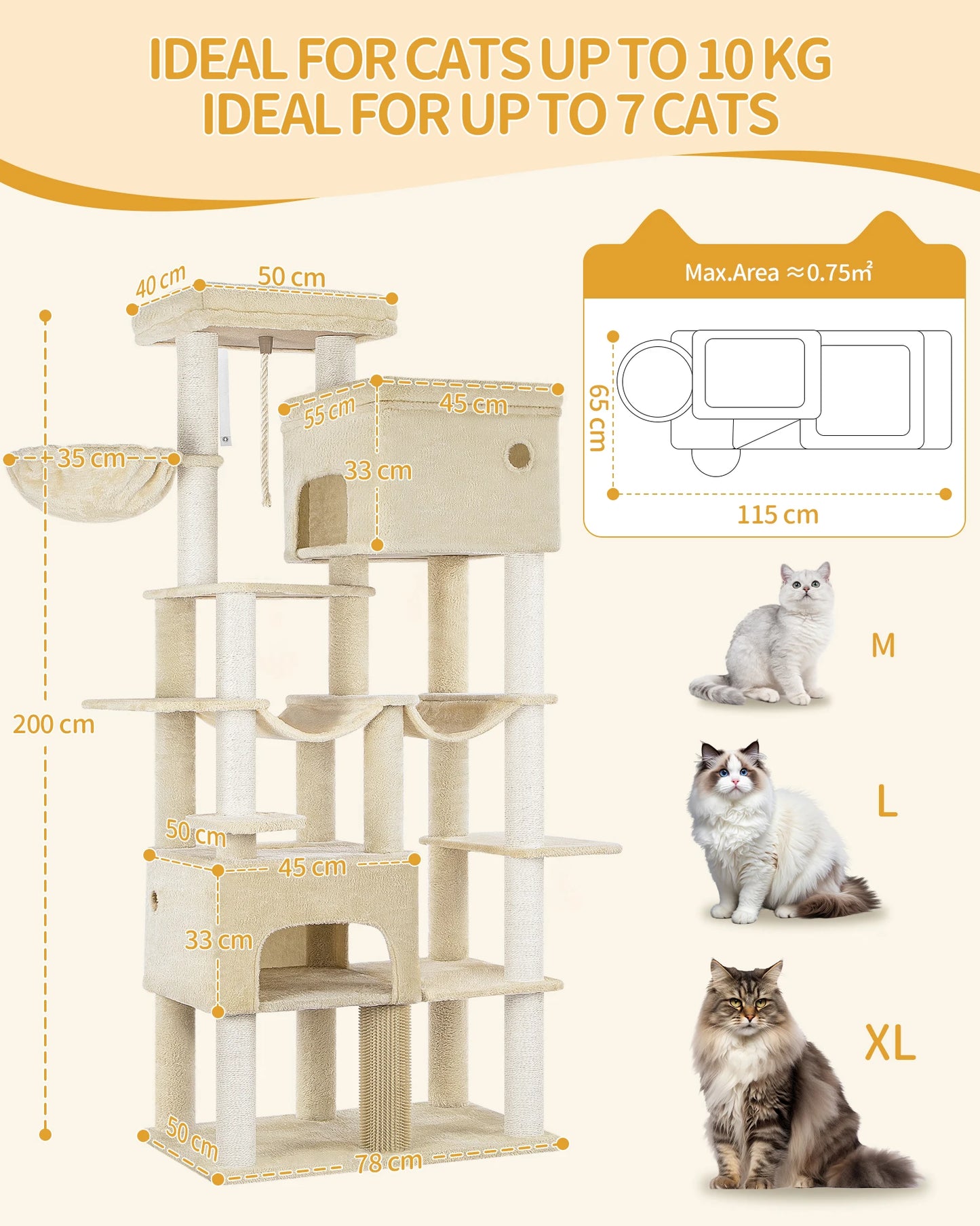 200cm XXL cat tree with 10 scratching posts, 2 caves, 2 hammocks, large platform,basket,for Maine Coons,large cats, beige