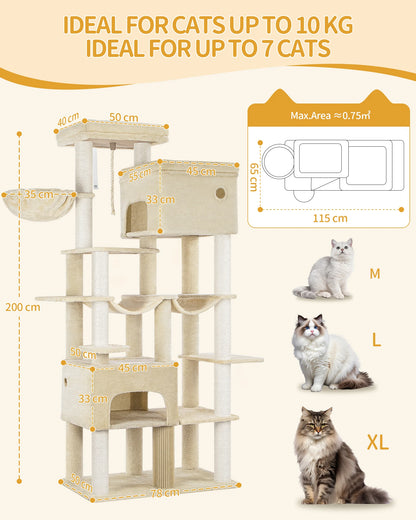 200cm XXL cat tree with 10 scratching posts, 2 caves, 2 hammocks, large platform,basket,for Maine Coons,large cats, beige