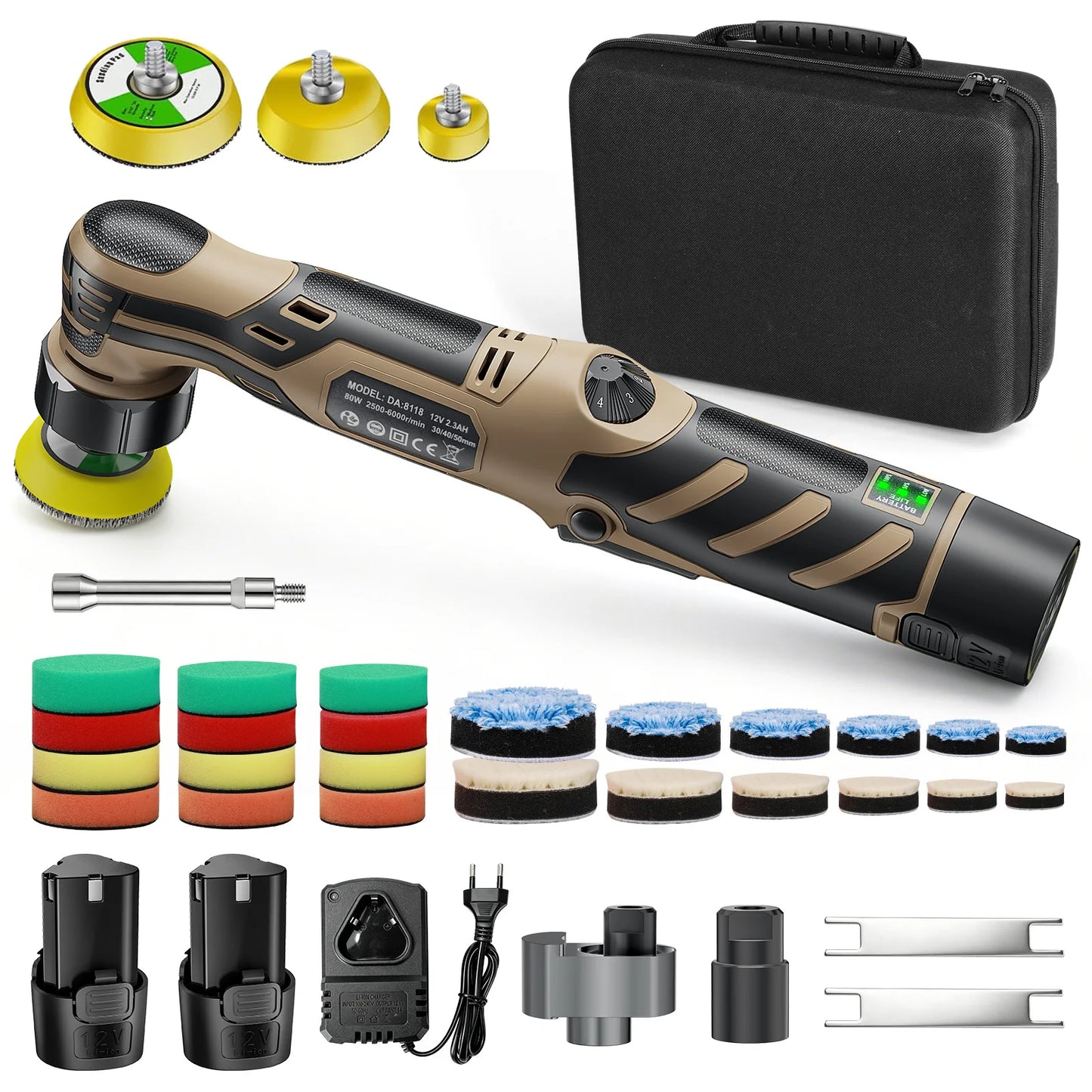 Cordless Mini Car Polisher 12V Detailing Wireless Car Polishing Machine 1/1.5/2 Inch Pades Kit For Auto waxis, Adjustable Speed With 11 Speed Settings and a range of 2500 - 6000 RPM for car and furniture polishing and scratch