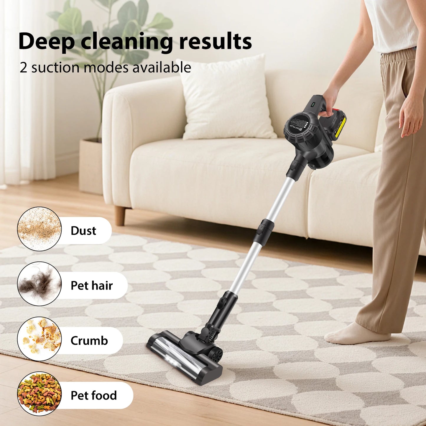 140W 15Kpa Cordless Vacuum Cleaner, 3 in 1 Powerful Stick Vacuum with 130000Rpm Brushless Motor, 2 Speeds for Carpet, Hard Floor and Pet Hair