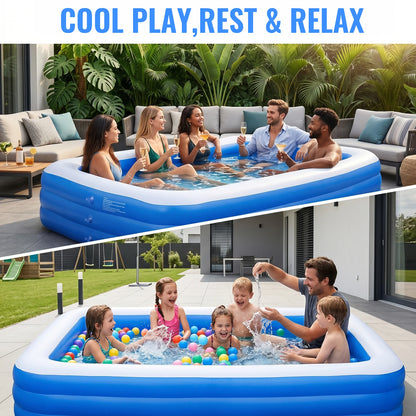 3M/2.6M Family Inflatable Rectangular Pool for Family Gatherings Parties Garden Leisure Durable PVC Outdoor Backyard Swimming Pool
