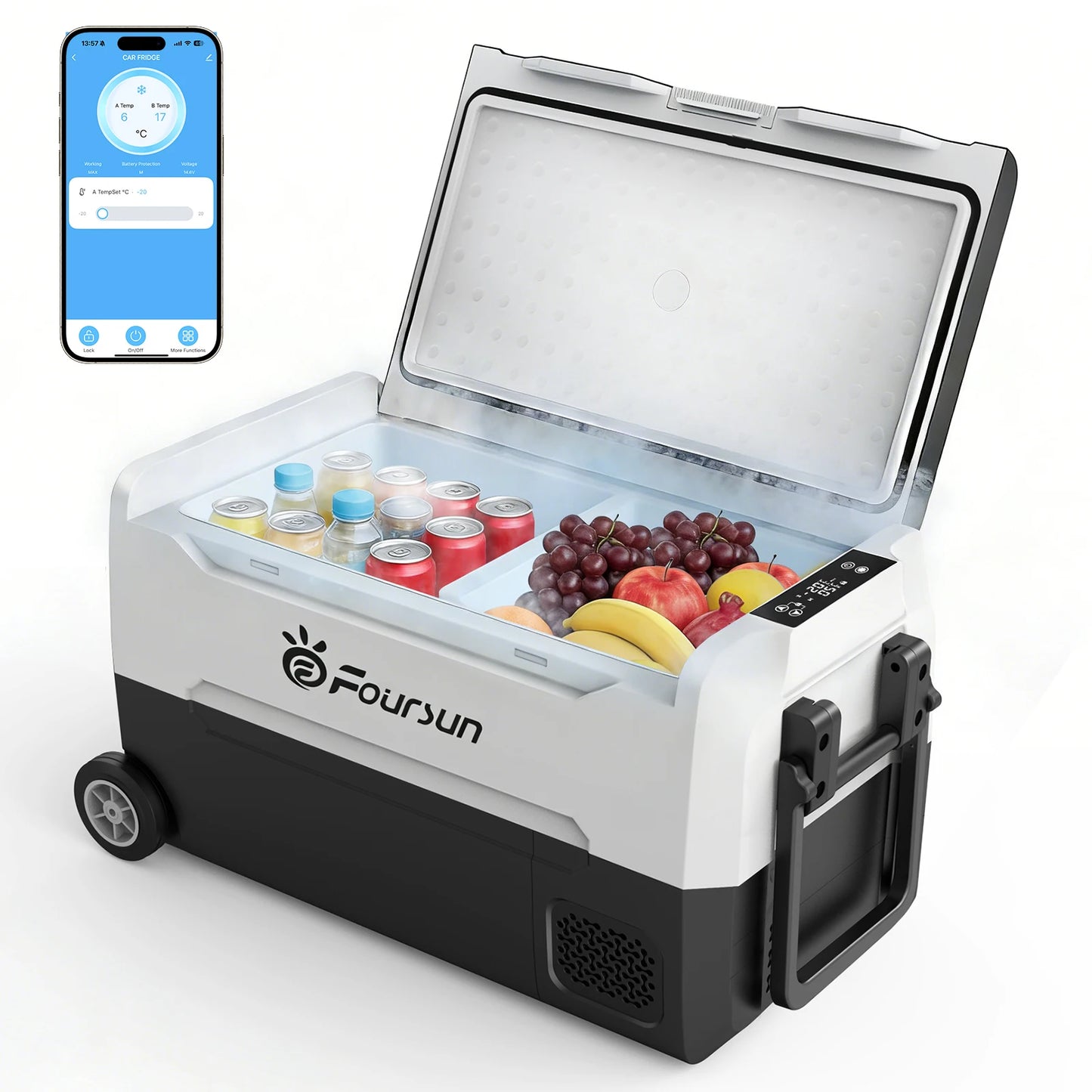 Foursun 21L/25L/35L/45L/55L Portable Compressor Car Fridge Freezer with Bluetooth App Control, for Camping, Travel, Home, DC 12V/24V & AC 100-240V