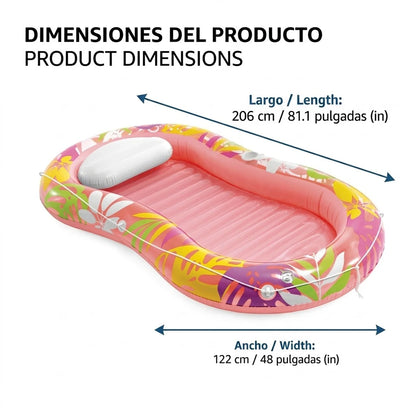 Inflatable Lounge Mat'Oasis Tropical' Pink and Green 206X122Cm High Quality Pvc Supports 100kg Multifunctional Reclining Design for Pool, Beach, Lake and Summer Leisure Activities