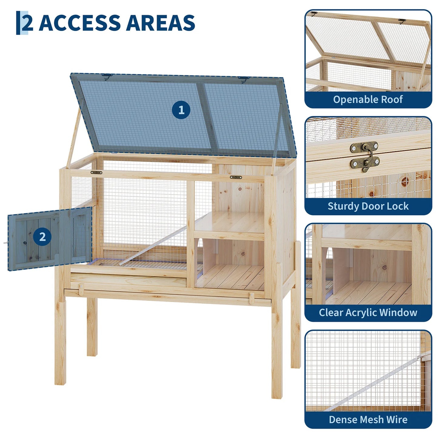 HiMISS Guinea Pig Cages Indoor, Wooden Guinea Pig Cages with Stand Rabbit Cage Hutch with Ramp and Hideout, Small Animals Cage Habitat with Not Leakage Pull Out Tray