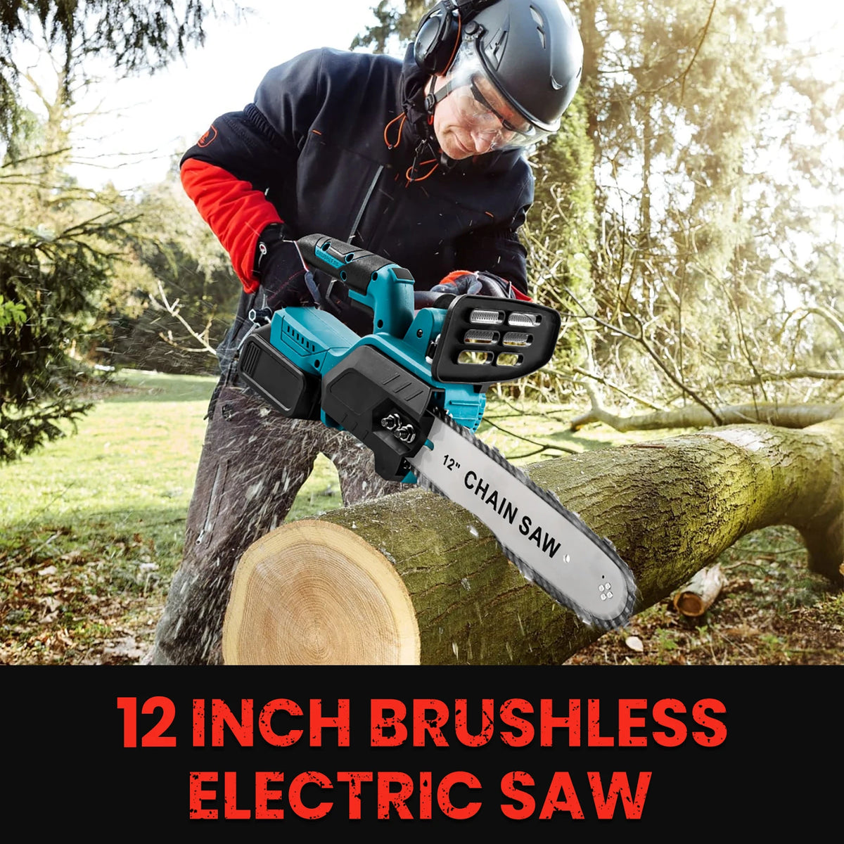 1500W 12Inch Cordless Chainsaw Brushless Lithium Battery Powered Household Woodworking Electric Efficient Handheld Cutting Power Tool with Makita 21V Battery