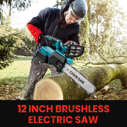 1500W 12Inch Cordless Chainsaw Brushless Lithium Battery Powered Household Woodworking Electric Efficient Handheld Cutting Power Tool with Makita 21V Battery