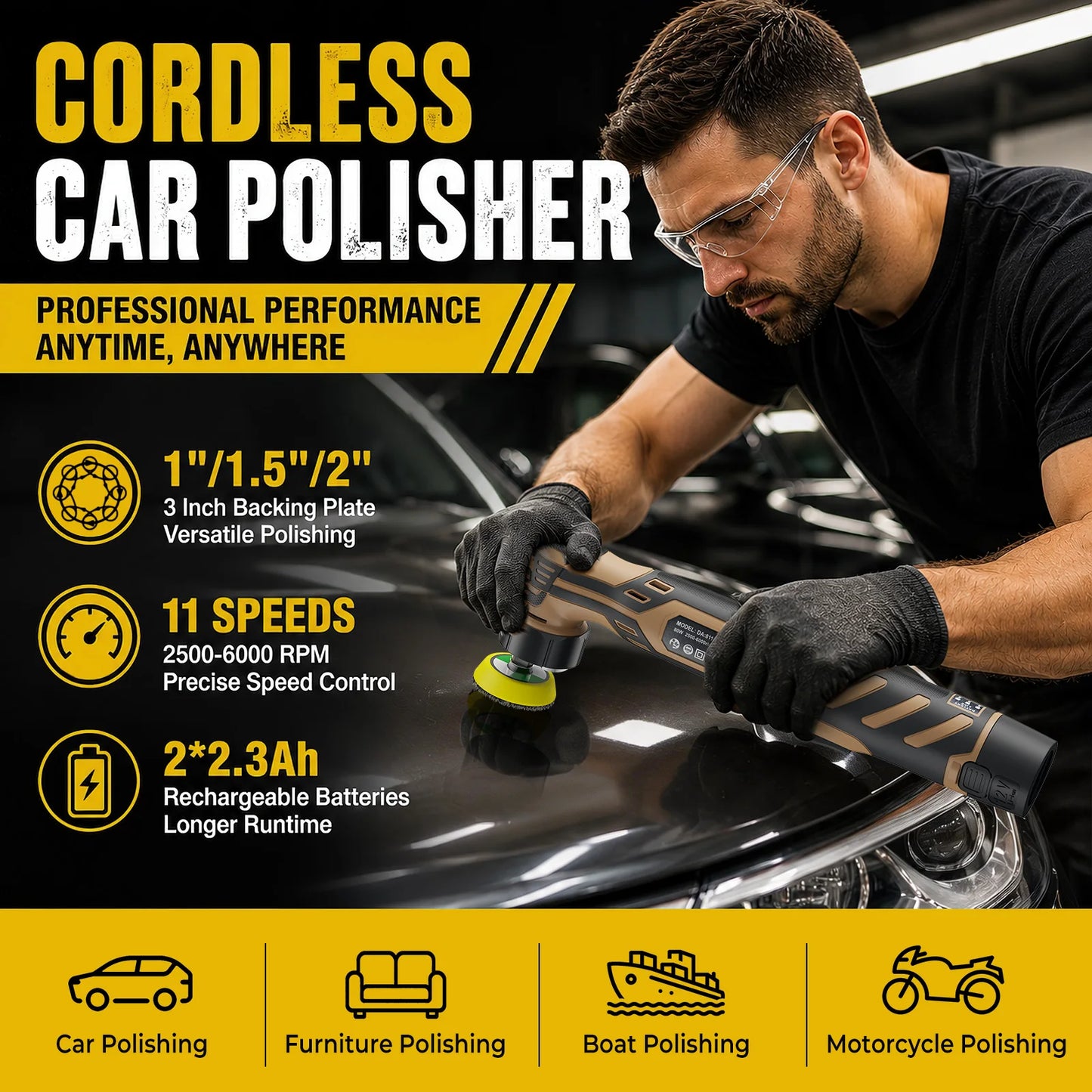 Cordless Mini Car Polisher 12V Detailing Wireless Car Polishing Machine 1/1.5/2 Inch Pades Kit For Auto waxis, Adjustable Speed With 11 Speed Settings and a range of 2500 - 6000 RPM for car and furniture polishing and scratch