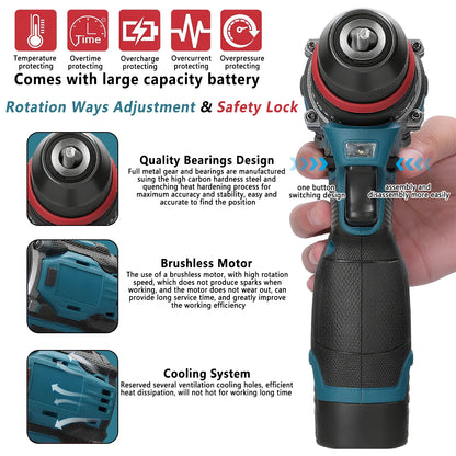 2in1 Brushless Electric Screwdriver Drill  55\45Nm Torque Cordless Speed Regulation Handheld Lithium Driver Dril with 2 Battery