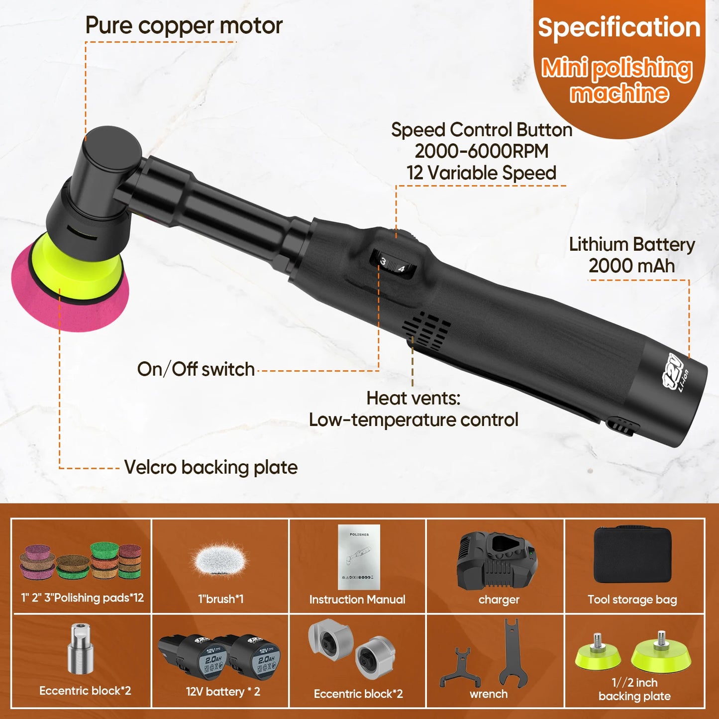 12V Cordless Mini Car Polisher Detailing Wireless Car DA & RO Polishing Machine Pades Kit For Auto Wax, Adjustable 5 Speed