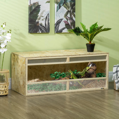 OSB Wooden Reptile Terrarium with Sliding Glass Doors and Ventilated Mesh Panels, Spacious Indoor Habitat with Clear View, Breathable Enclosure for Chameleons, Lizards, Snakes and Other Amphibians, Ideal for Climbing, Hiding
