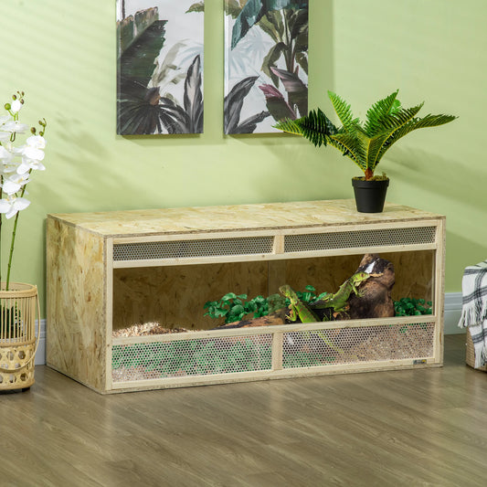 OSB Wooden Reptile Terrarium with Sliding Glass Doors and Ventilated Mesh Panels, Spacious Indoor Habitat with Clear View, Breathable Enclosure for Chameleons, Lizards, Snakes and Other Amphibians, Ideal for Climbing, Hiding